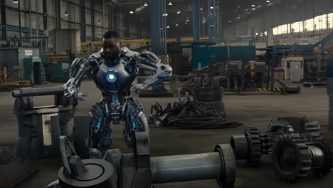 man in an advanced cyborg suit in an industrial factory