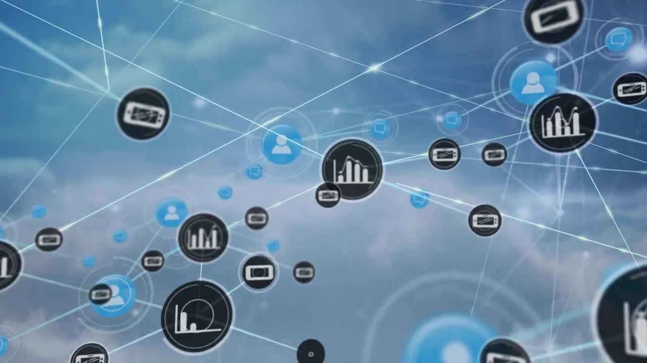 Animazione di una rete di connessioni con icone digitali su nuvole