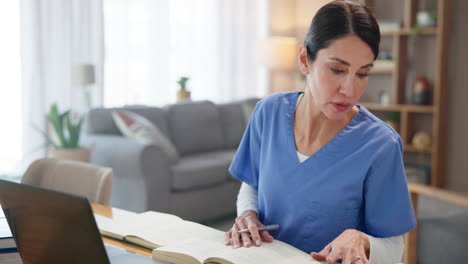 female nurse working on laptop at home office