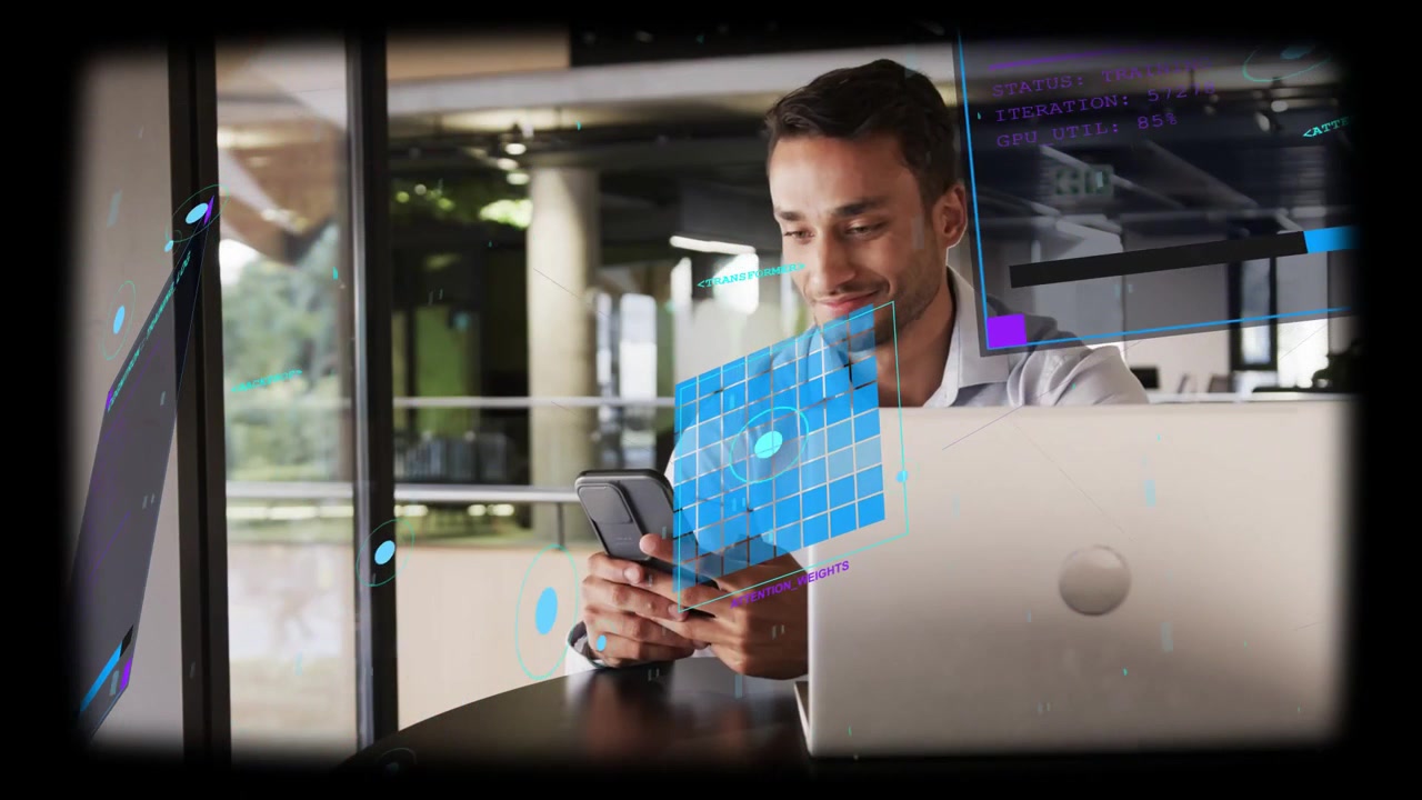 Man reaching for phone, scrolling and checking message, switching to laptop with HUD hovering, tech