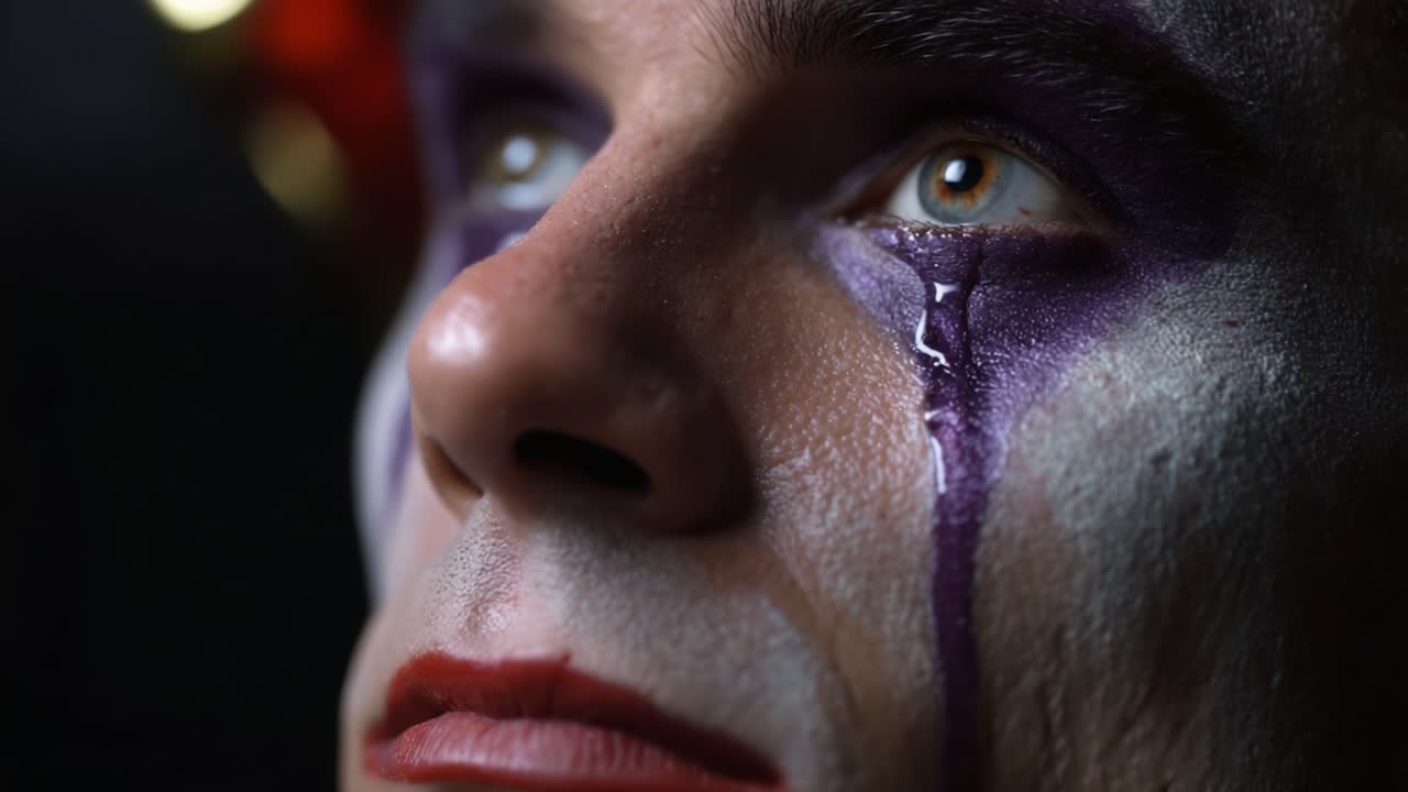 A poignant close-up portrait of a tearful performer with vivid makeup, showcasing deep emotions and powerful expressiveness, highlighting artistry and vulnerability