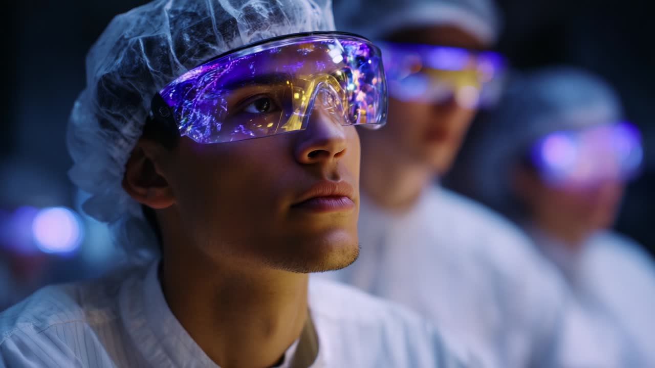 A focused individual wearing protective eyewear with illuminated lenses representing innovation and technology, surrounded by others in a laboratory setting, highlighting the importance of safety and attention in scientific work