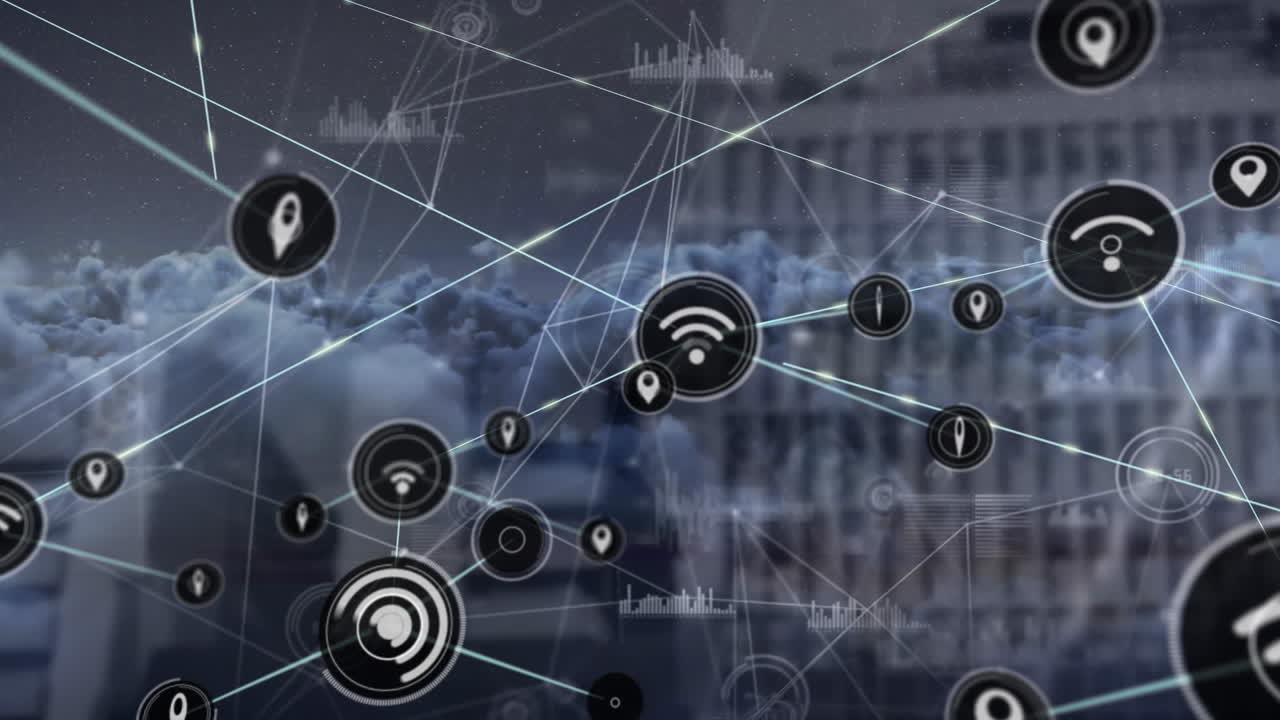Animation of connected icons, graphs and dense clouds against building in background