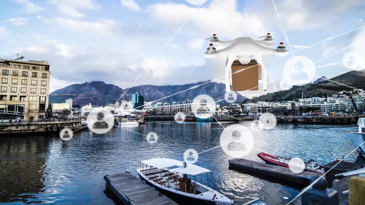 마리나 위의 아이콘과 함께 상자 및 연결 네트워크를 가진 드론의 애니메이션