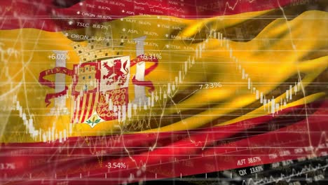 financial data processing against spain flag waving