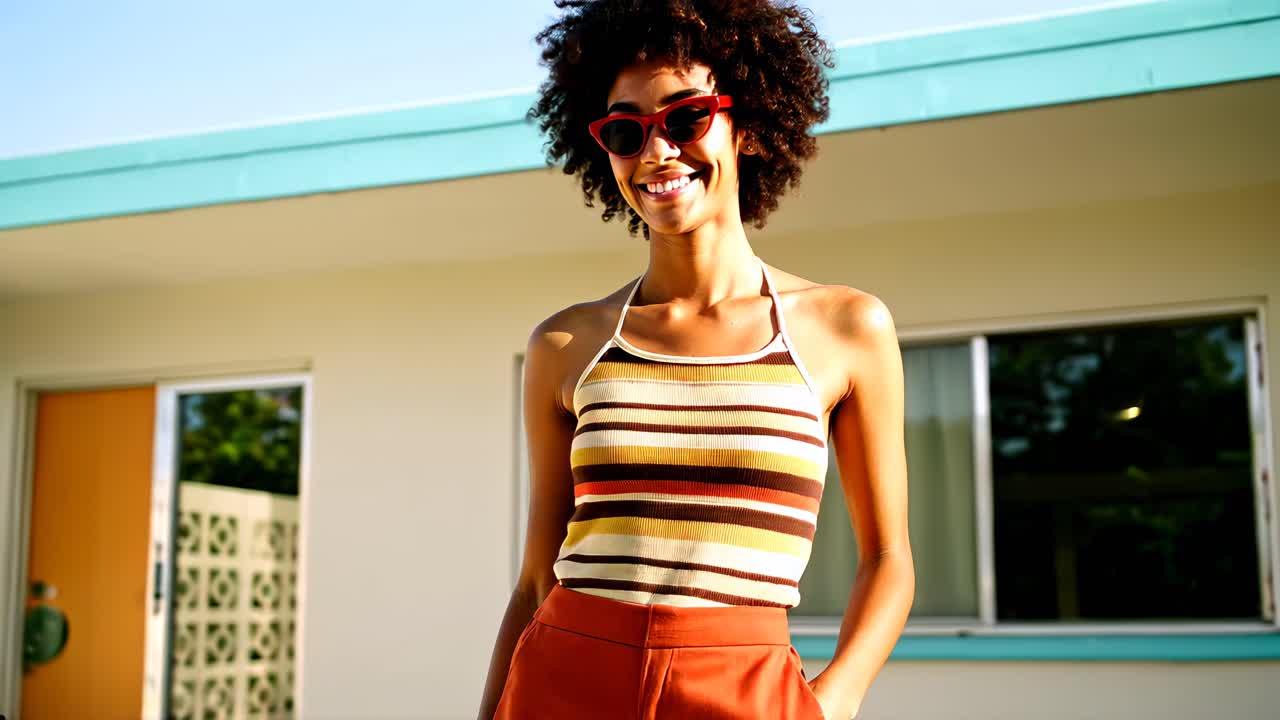 Low-angle shot of a stylish woman in retro attire, standing confidently
