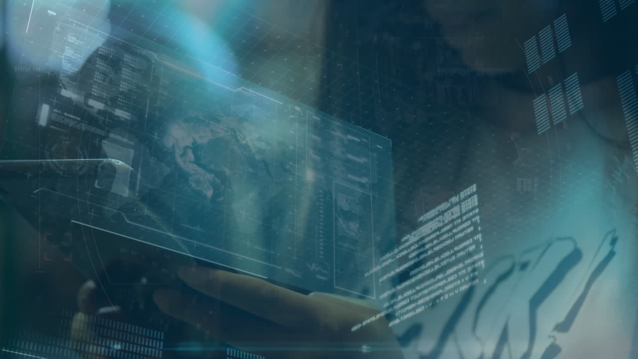 Animation of data processing over biracial woman using tablet