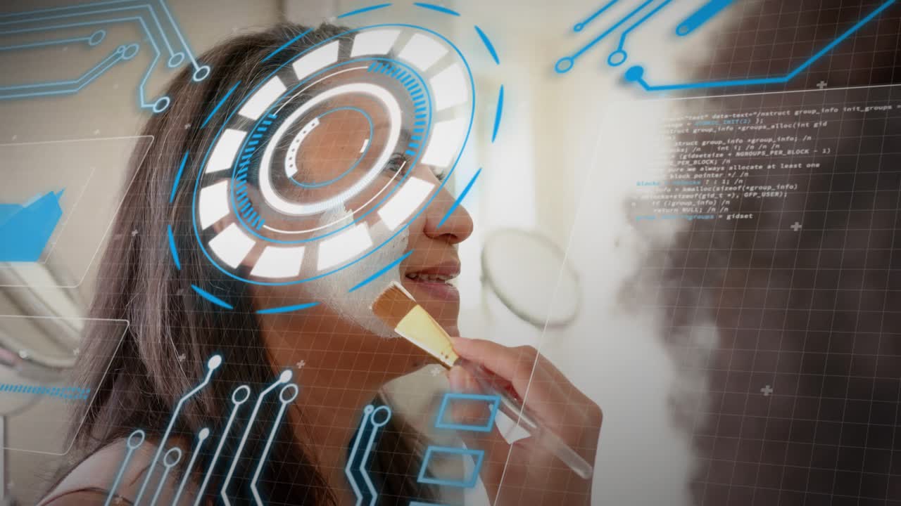 Mature woman receiving facial, brush dabbing then spreading white mask while HUD code intensifying