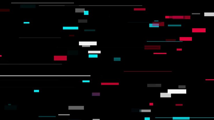Digitaler Glitch-Effekt mit sich bewegenden rechteckigen Balken auf schwarzem Hintergrund