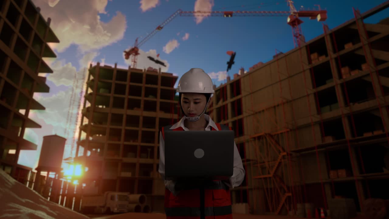 ingeniera asiática con casco de seguridad trabajando en una computadora portátil mientras está de pie en el sitio de construcción, durante la puesta o el amanecer