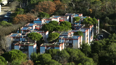 Residential-architectural-buildings-in-between-dense-vegetation-aerial-sunny