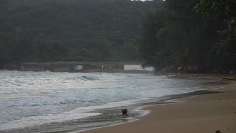 playa de arena presa playa de trau olas rodando en la orilla en un día de niebla en con dao, vietnam