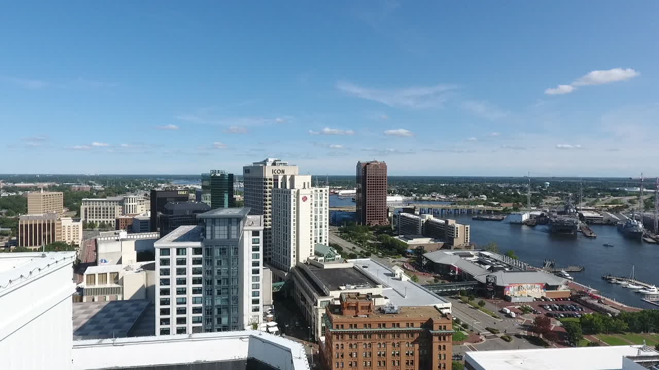 aerial shot of a city by the water