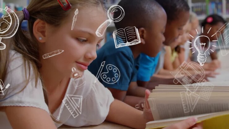 Animação de ícones de educação escolar sobre crianças diversas em sala de aula