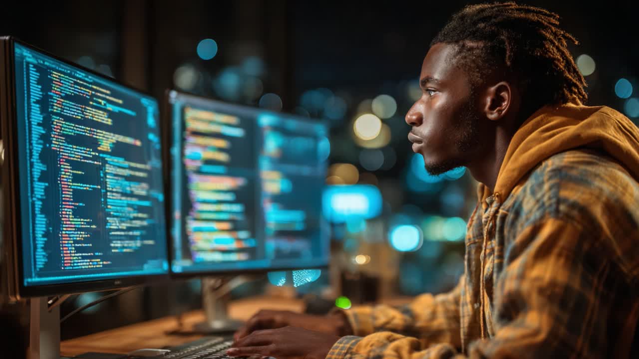 Focused Programmer Typing Intently on Dual Monitors During Late-Night Coding Session, Illuminated by Vibrant Screen Glows and City Lights in Background