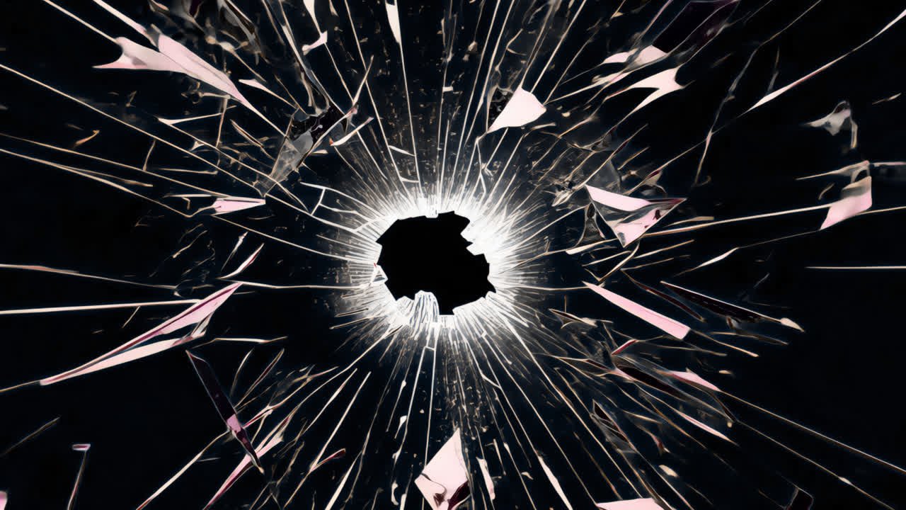 Dynamic shattered glass explosion animated overlay, transparent 4K video, alpha channel, ProRes 4444