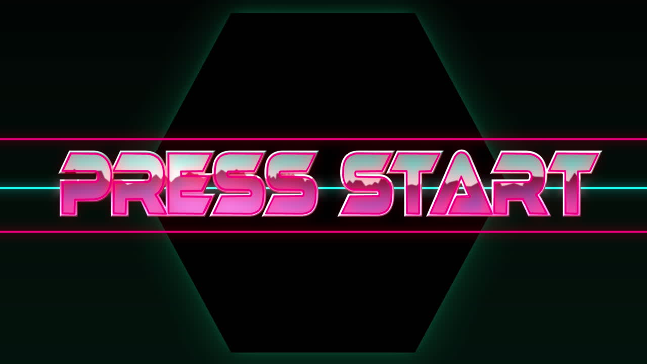 Animation of press start text in pink metallic letters over pink and green lines and green hexagons