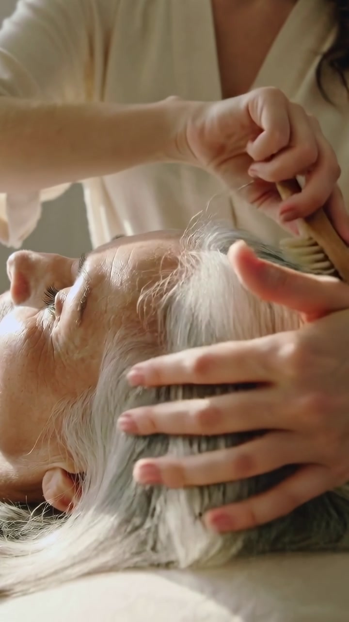 Vertical video: Reaching carer in light top brushing older woman's hair at home for calm with brush