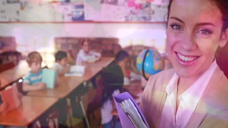 Composite-video-of-colorful-spots-of-light-against-caucasian-female-teacher-smiling-in-class