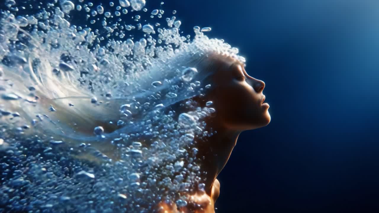 Un'affascinante scena subacquea di una persona con i capelli fluenti circondata da bolle, che cattura l'eterea bellezza e la tranquillità dell'immersione in acqua
