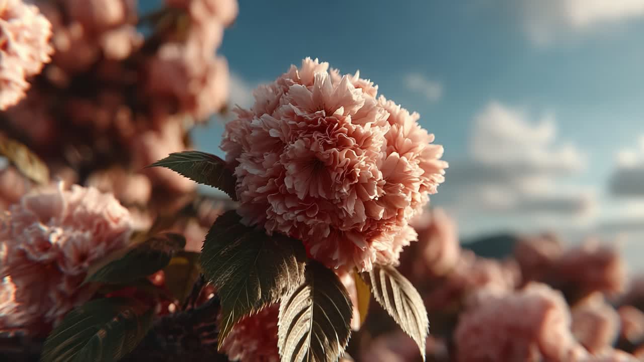 A close-up view of beautiful blooming pink flowers under a clear blue sky, showcasing intricate details in the petals and lush green leaves, capturing the essence of springtime vibrancy