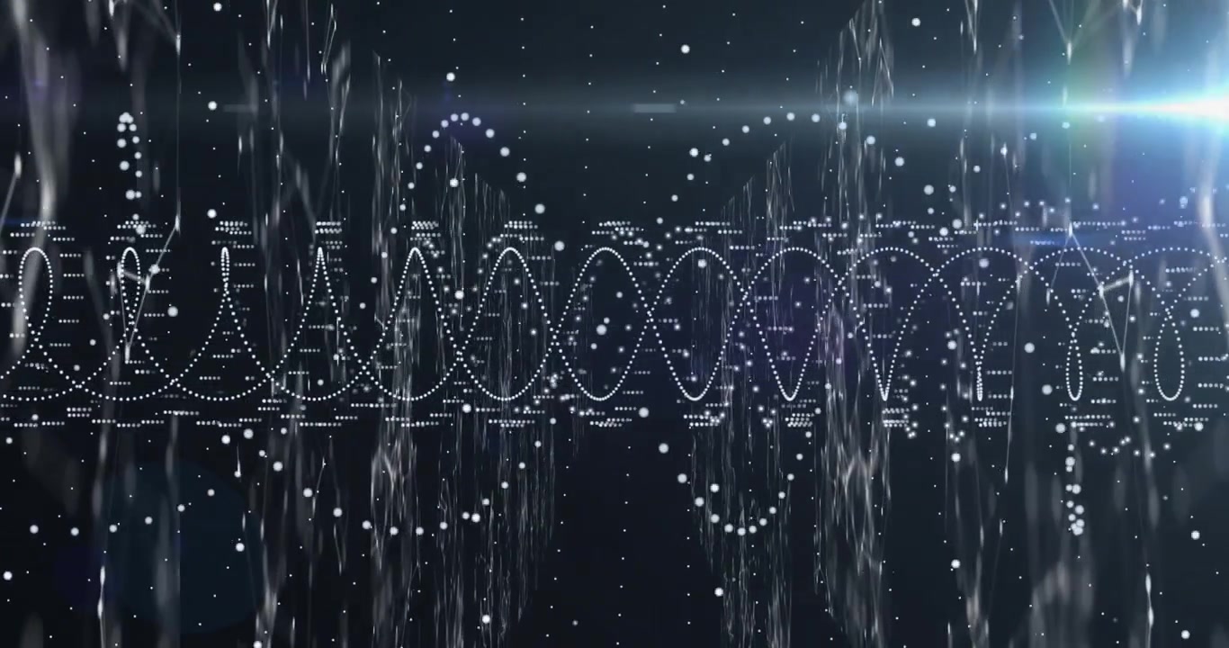 Animazione in loop di un'onda sinusoidale punteggiata con creste pulsanti e oscillanti, particelle alla deriva e un bagliore dell'obiettivo