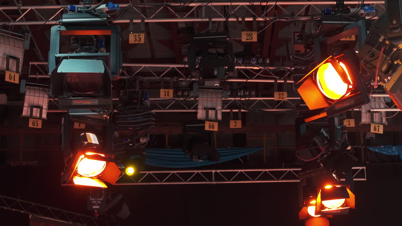 Flashing studio lights equipment on the ceiling of a TV set