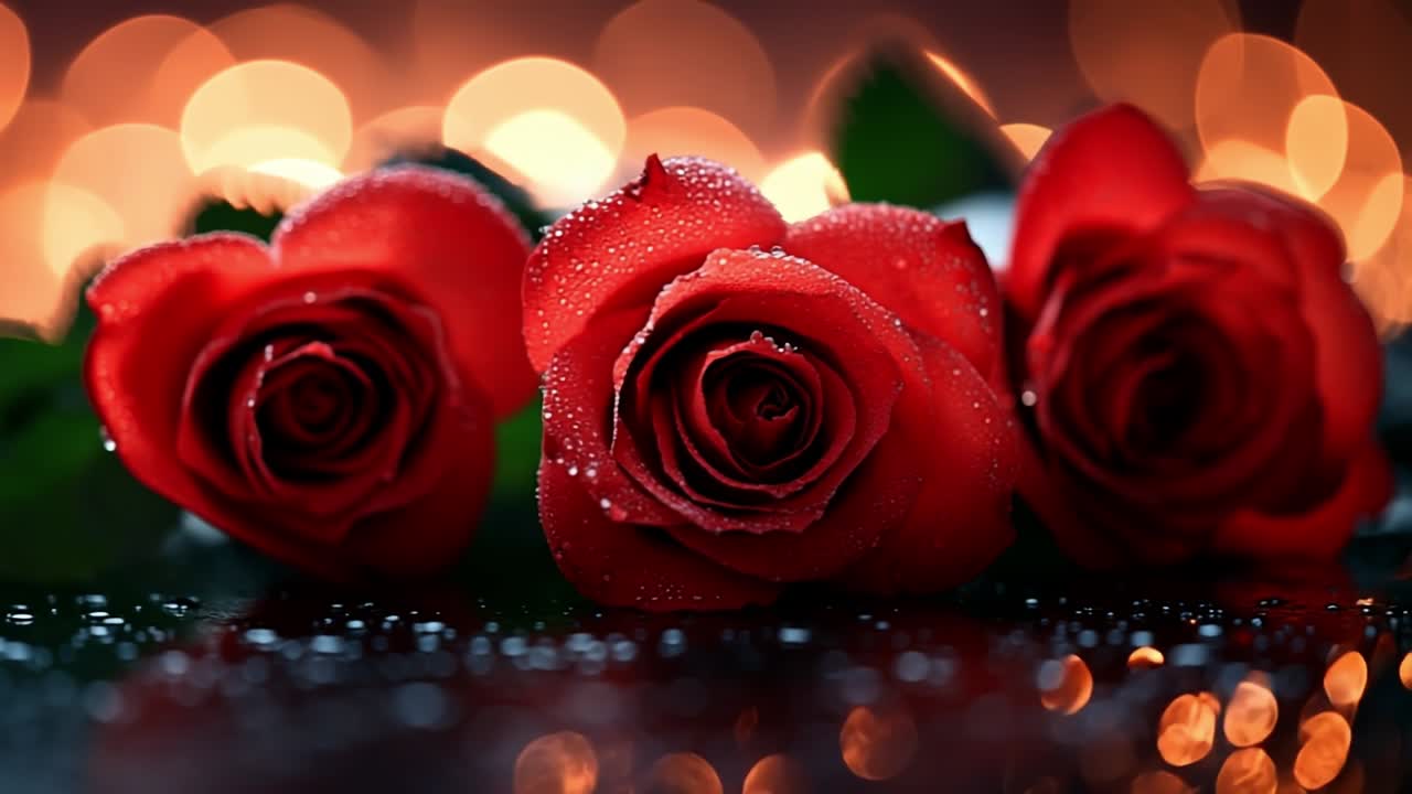 Red roses adorned with water droplets. Three vibrant red roses glisten with water droplets against a shimmering, blurred background of warm lights.