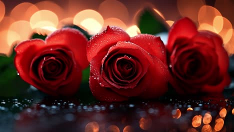 red roses adorned with water droplets. three vibrant red roses glisten with water droplets against a shimmering, blurred background of warm lights.