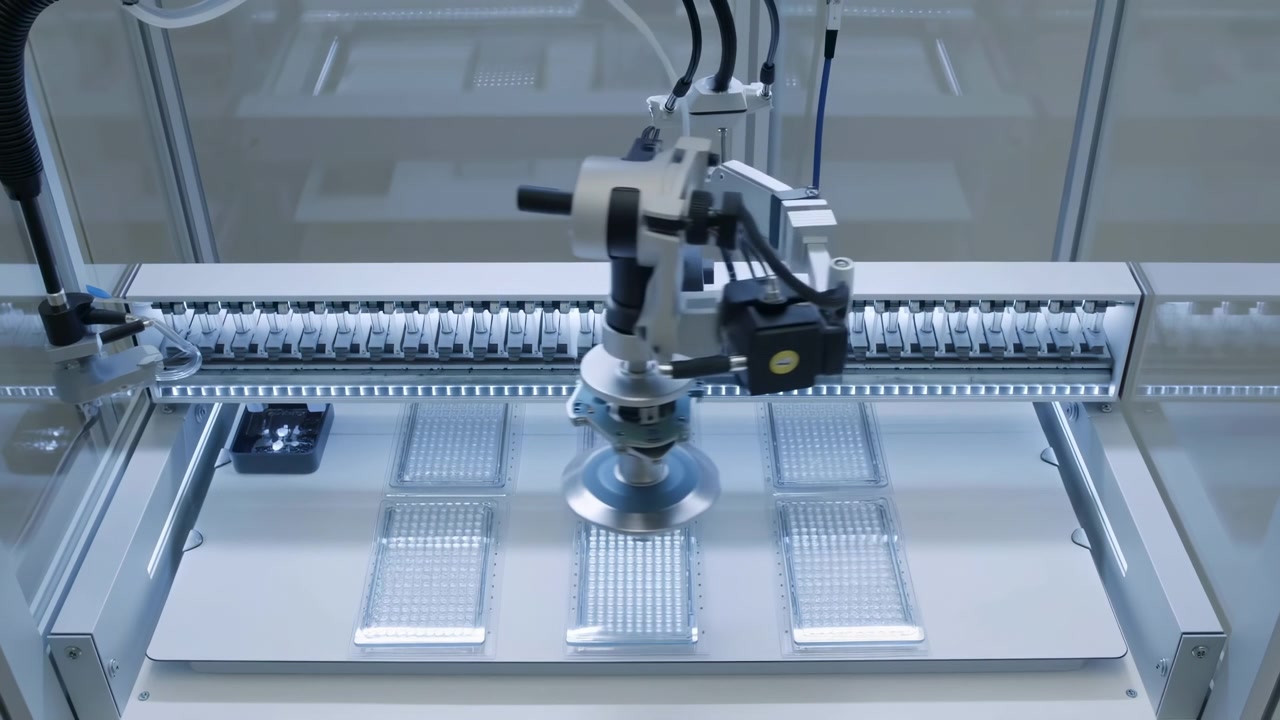Un cabezal mecánico de recogida y colocación se desplaza del centro hacia la izquierda sobre bandejas rectangulares transparentes, con cables, rieles, una ventosa, paneles reflectantes y un espacio de trabajo industrial ordenado visible.