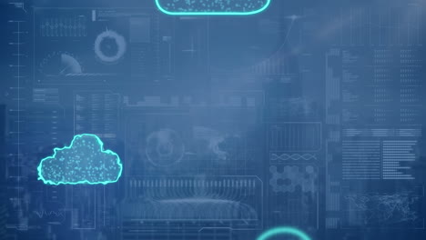 animazione di nuvole digitali e elaborazione dei dati su cityscape.