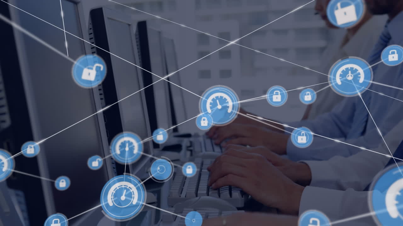 animación de la red de conexión con iconos sobre personas de negocios que usan auriculares de teléfono