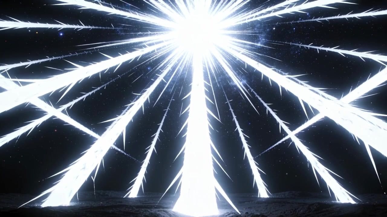 Sorgente luminosa centrale che esplode, inviando colonne e raggi appuntiti attraverso il cratere, illuminando il terreno roccioso