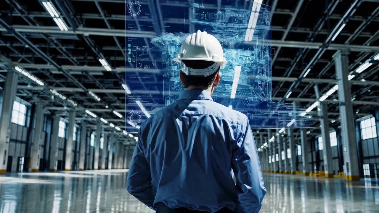 A futuristic video showcasing a worker in a hard hat analyzing a digital blueprint in a vast, empty