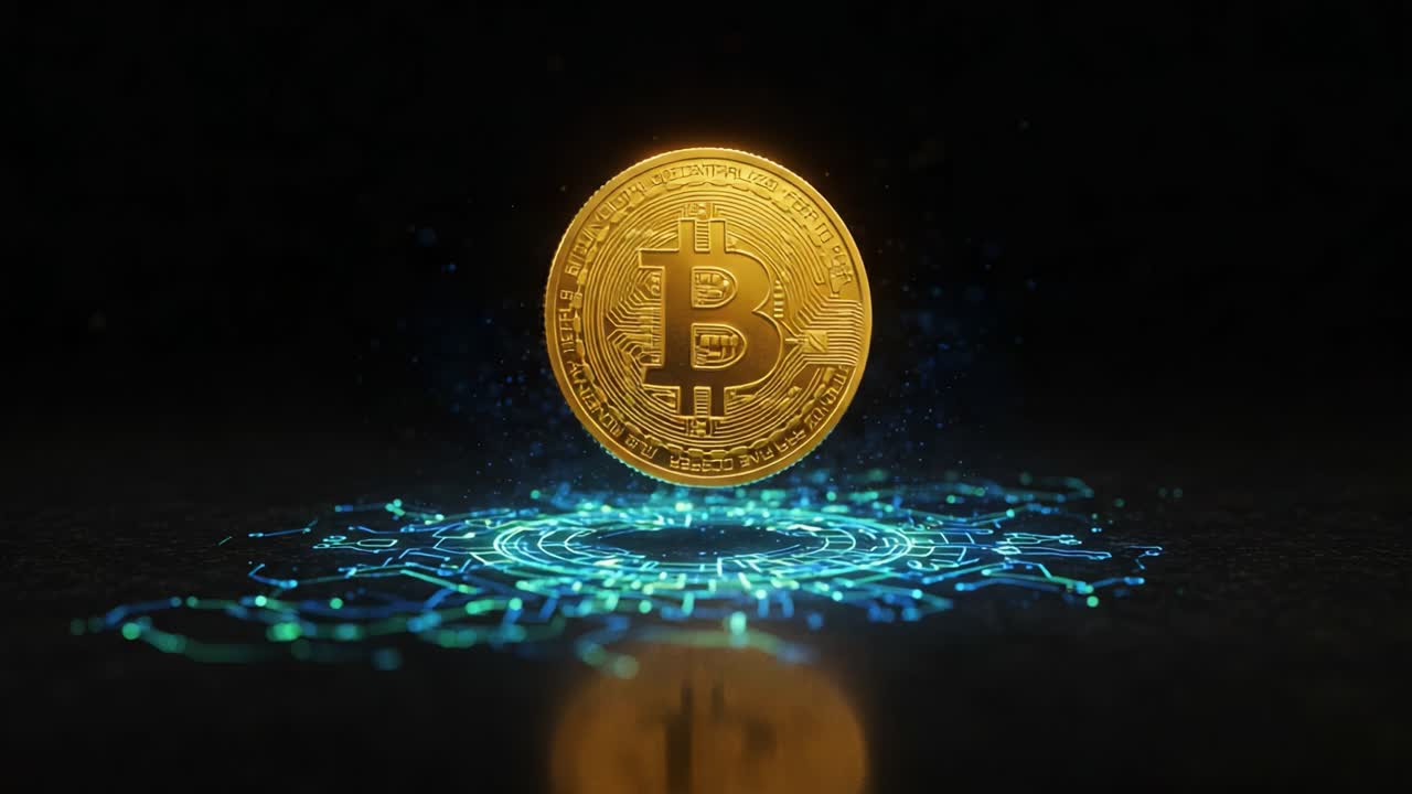 An In-Depth Look at Digital Currency: The Golden Bitcoin Surrounded by Futuristic Blockchain Technology Representations in a Captivating Visual Display