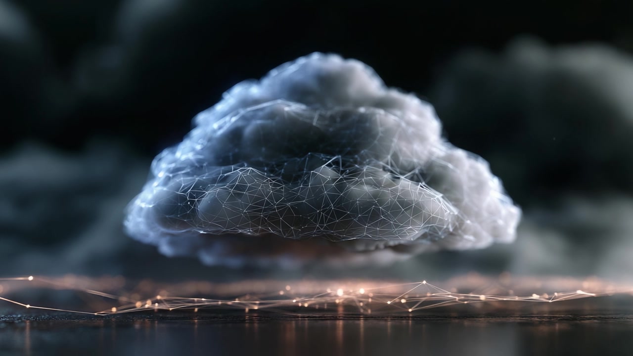 A Captivating Visualization of a Digital Cloud Structure with Futuristic Network Connections Illuminating the Surroundings in a Stunning Atmospheric Scene