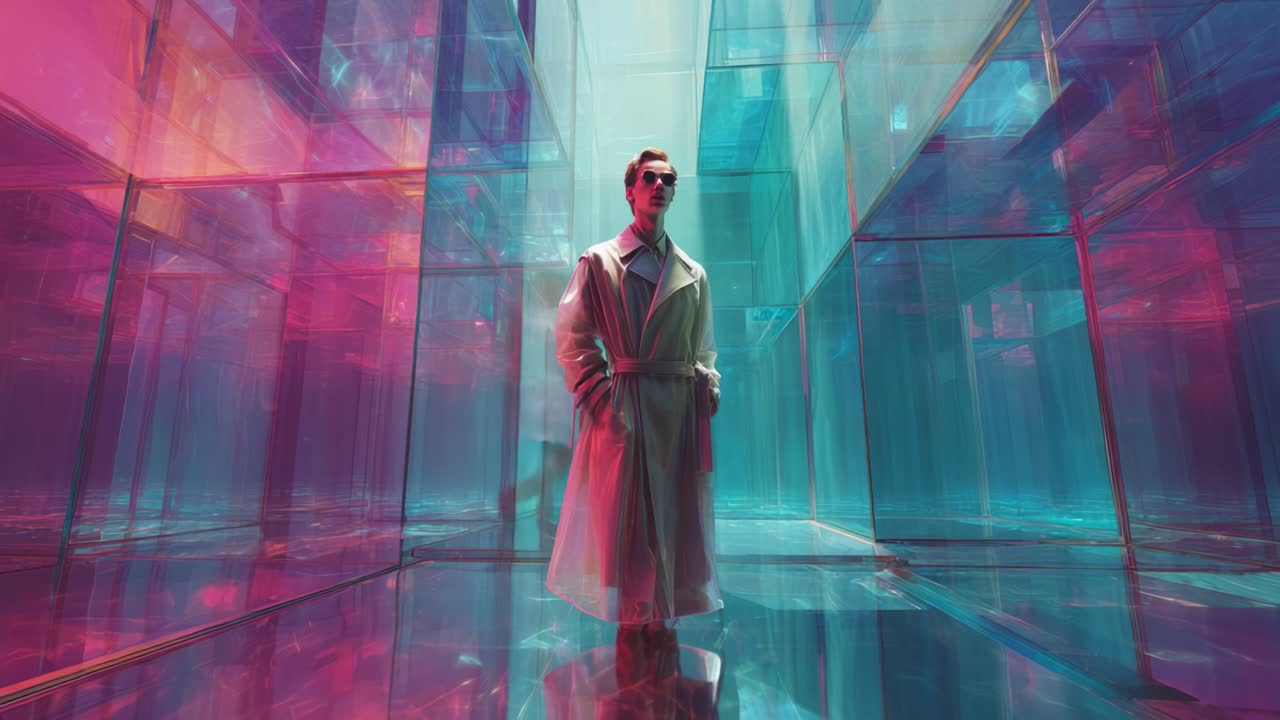 Person in a transparent glass art installation