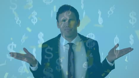 A-businessman-is-shrugging-his-shoulders-in-confusion,-while-confetti-and-dollar-signs-rain-down-aro