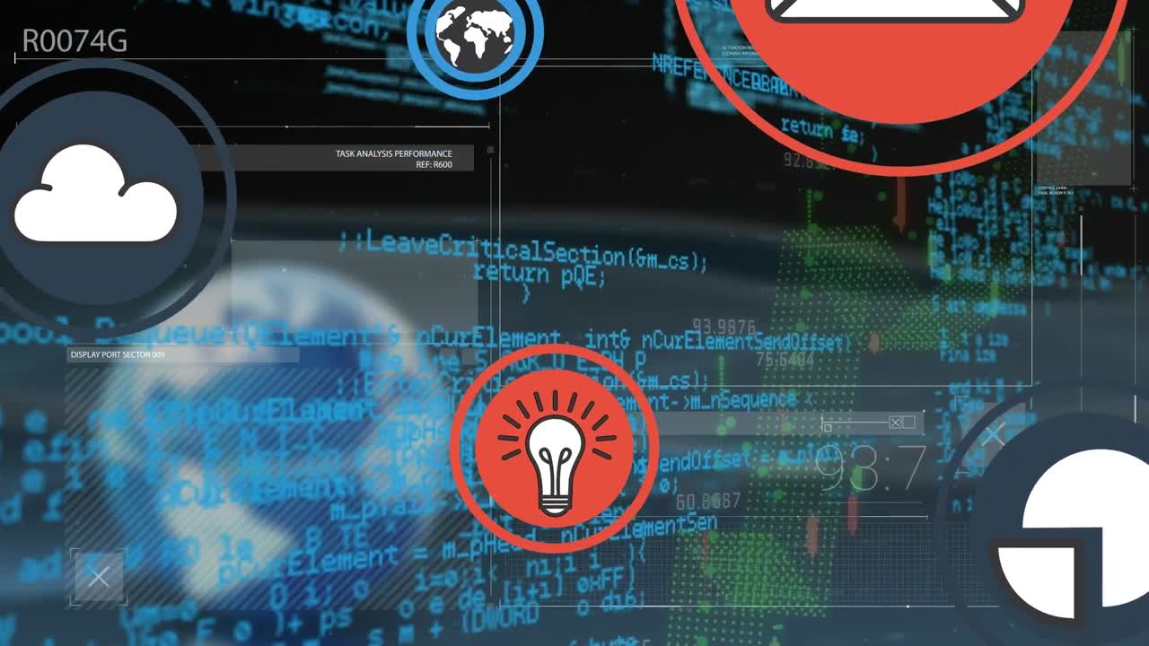 Animation of social media icons over data and black background