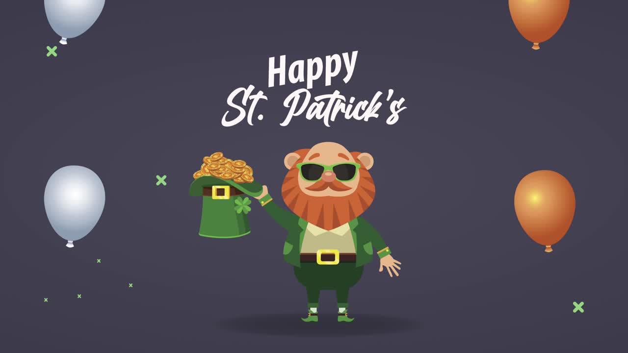 tulisan selamat hari saint patrick dengan leprechaun mengangkat topi tinggi dan harta karun