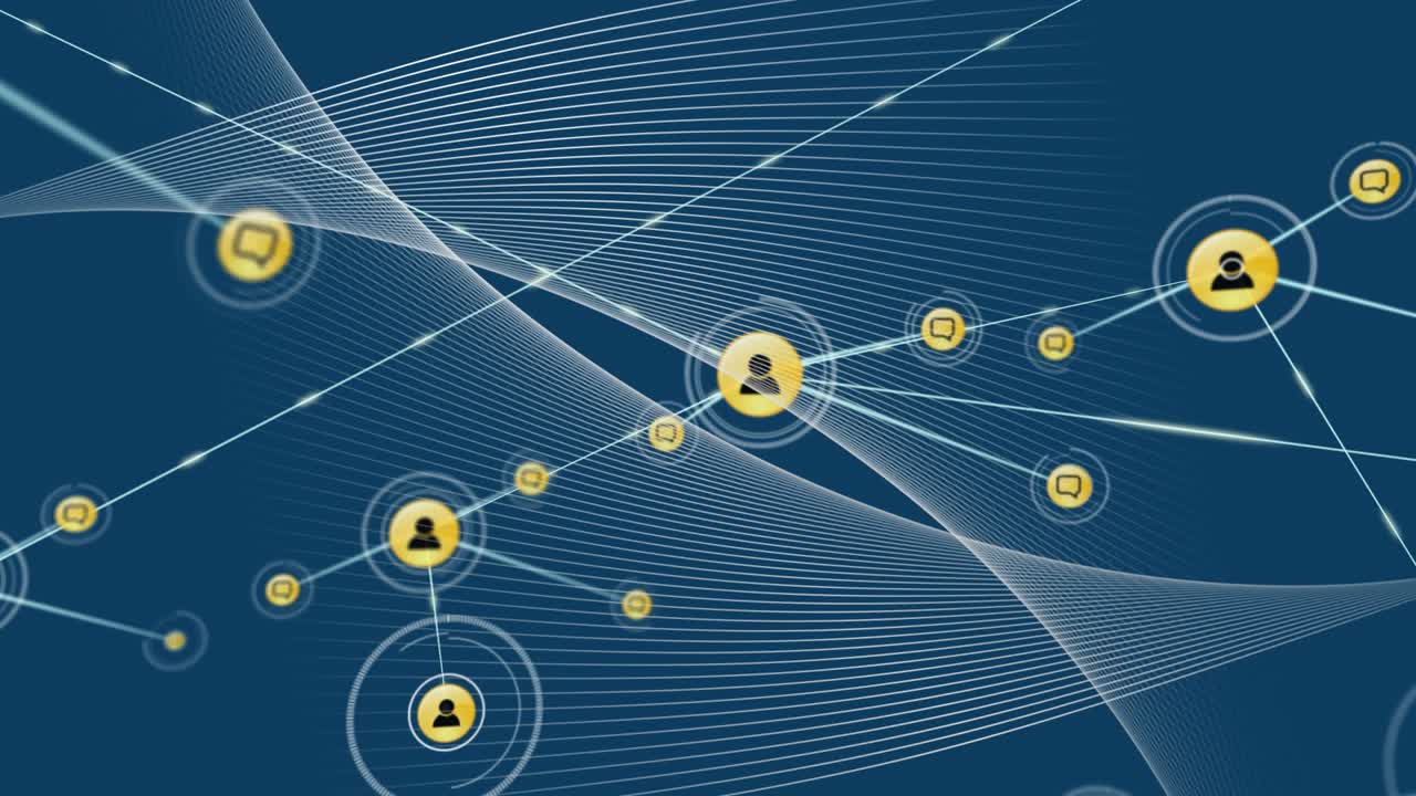 Animation of network of connections with icons over blue background
