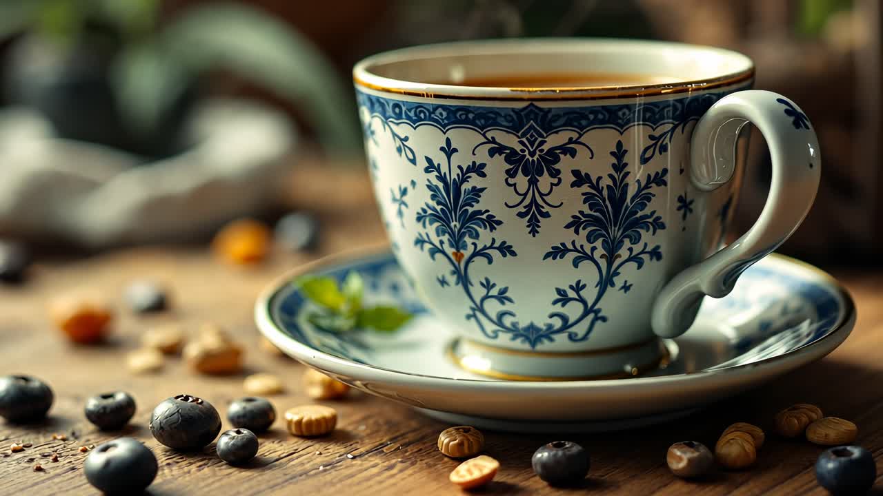 블루베리 와 간식 이 들어 있는 빈티지 차 컵 과 접시