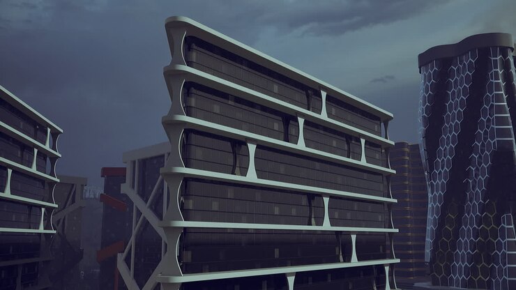 Modern architectural design showcasing futuristic buildings in urban setting