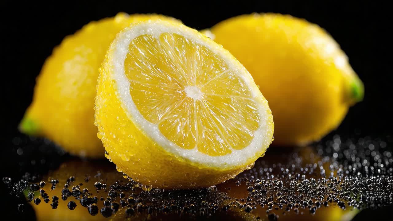 Freschezza agrumata: un primo piano su limoni succosi che brillano con gocce d'acqua su uno sfondo scuro