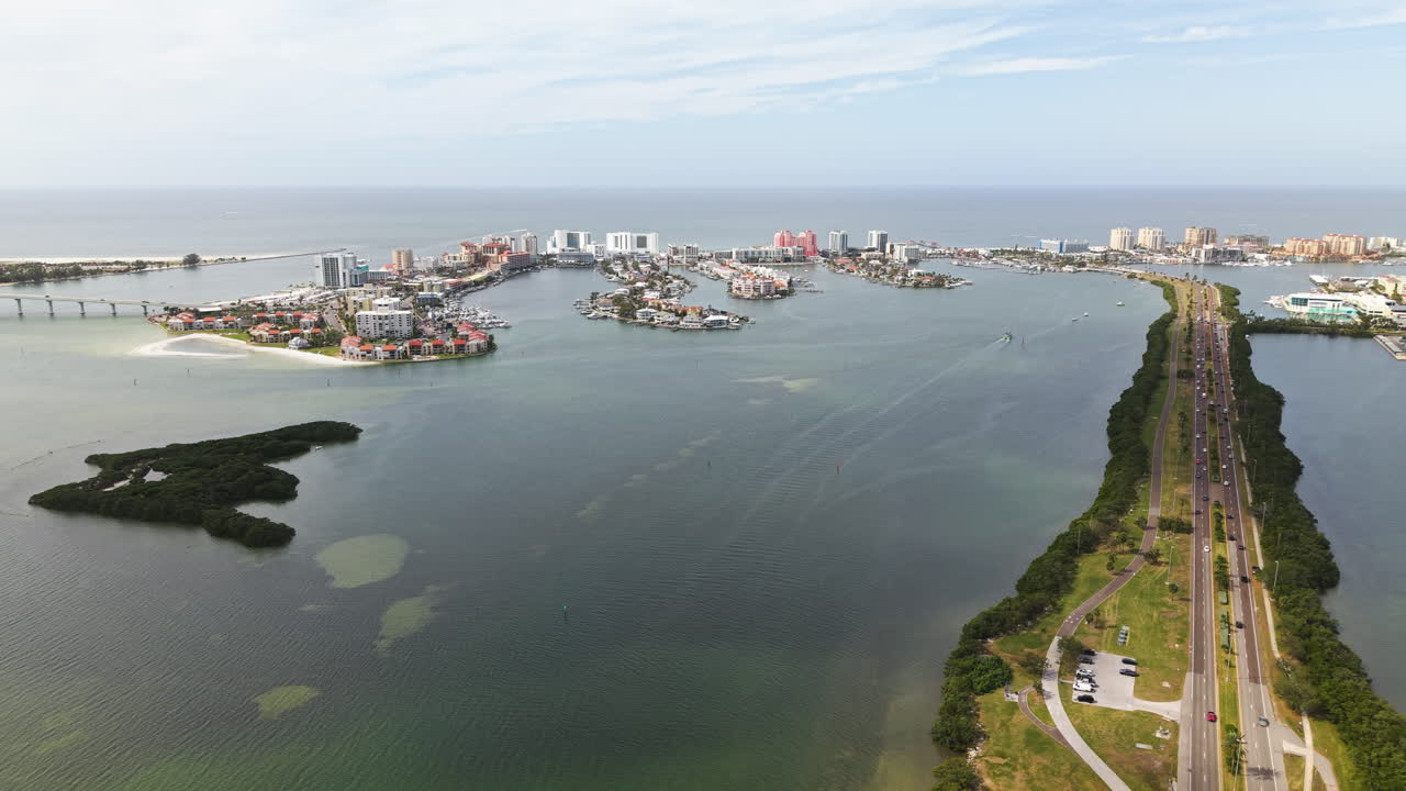 Aerial view of the Clearwater islands and the Memorial Causeway, in sunny Florida