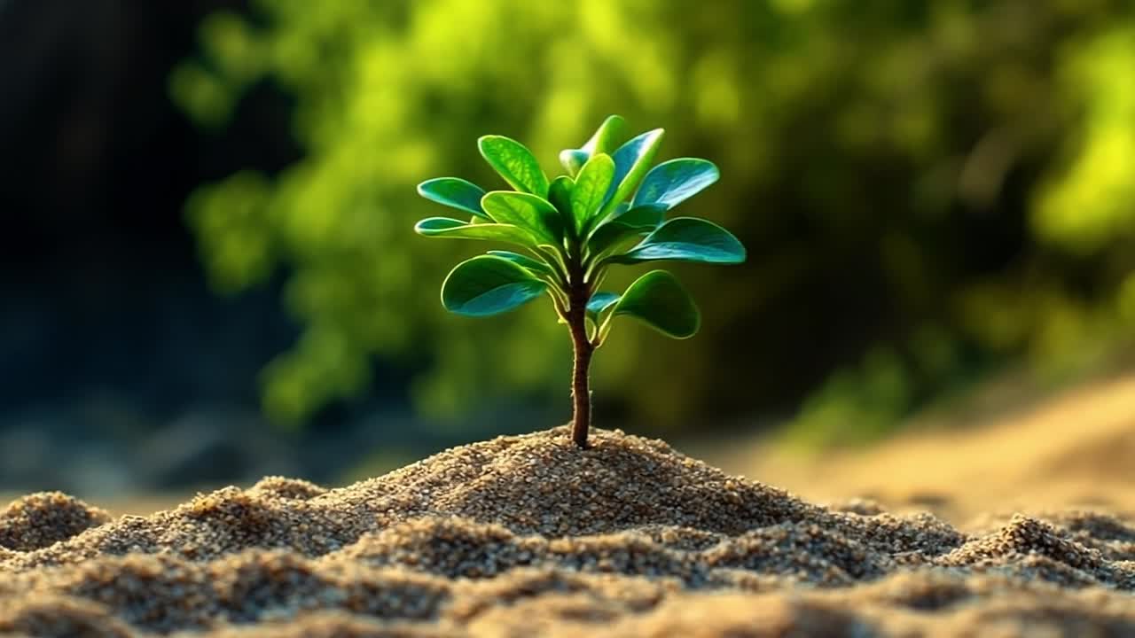 Sandy soil plant at sunset. A small green plant emerges from sandy ground under soft sunset light, symbolizing resilience and growth in nature.