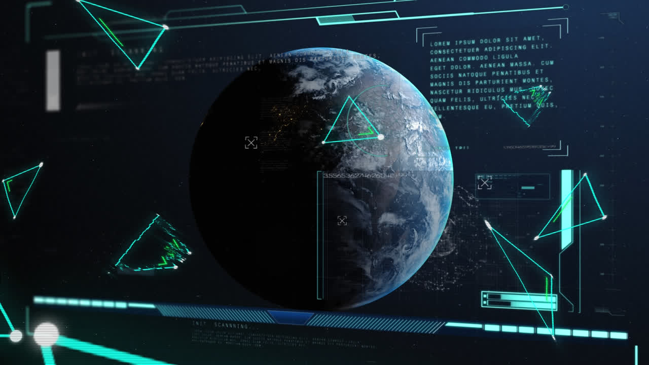 Animation of data processing and triangles flickering over globe on blue background