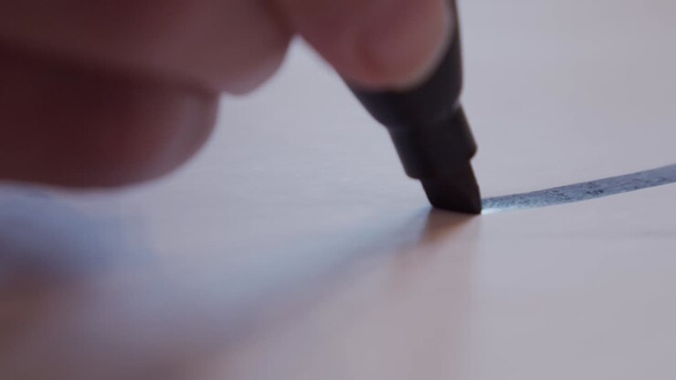 Person hand drawing line for letter on sign poster in slow motion