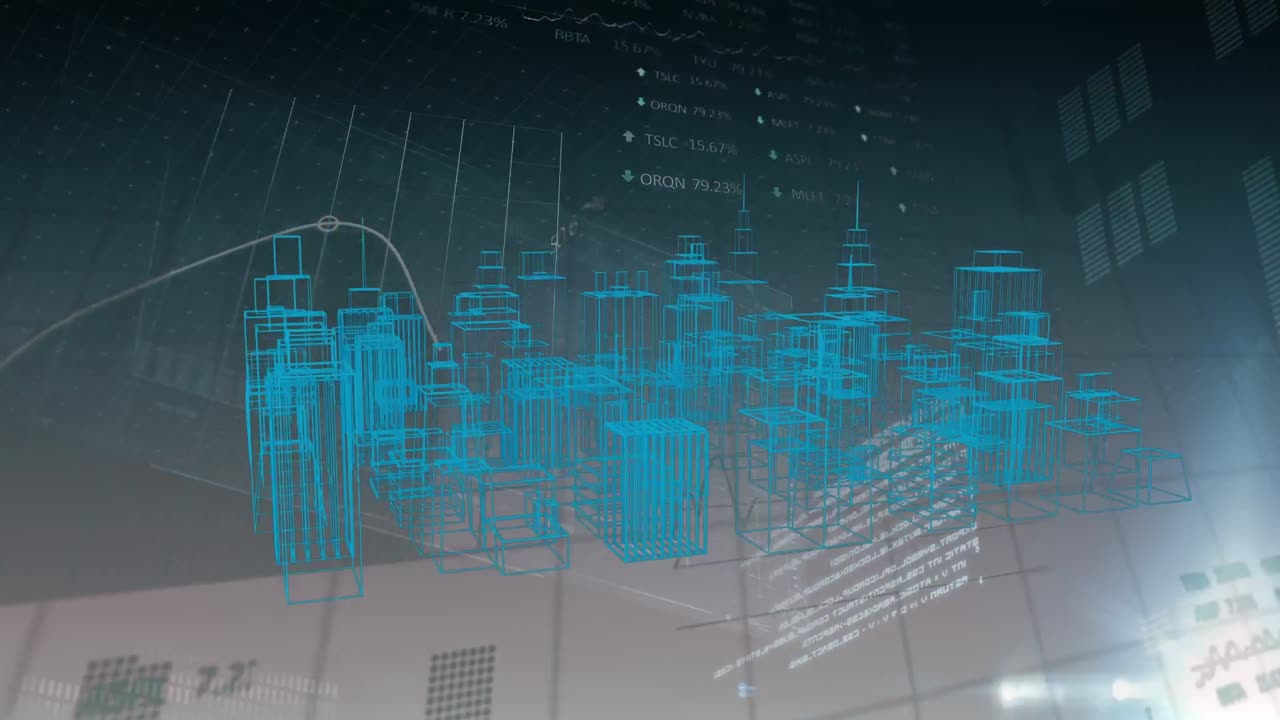 animazione della città del metaverso che ruota su dati diversi nello spazio nero e beige