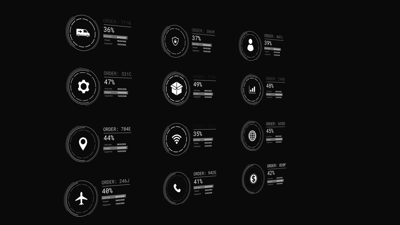 animación de iconos con procesamiento de datos en fondo negro